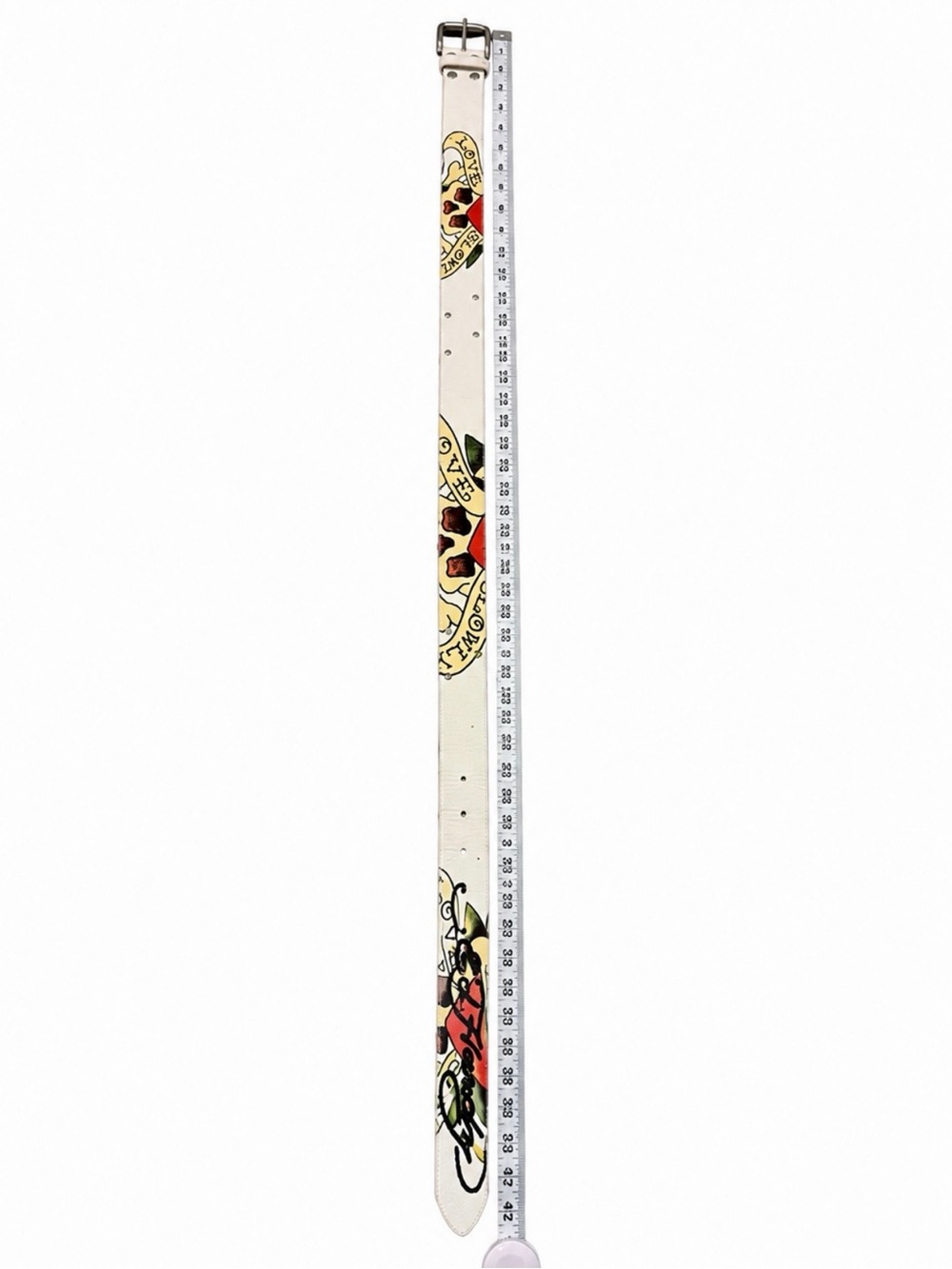 Ed Hardy White Tattoo Graphic Belt Size M Y2K Rhinestone Studded